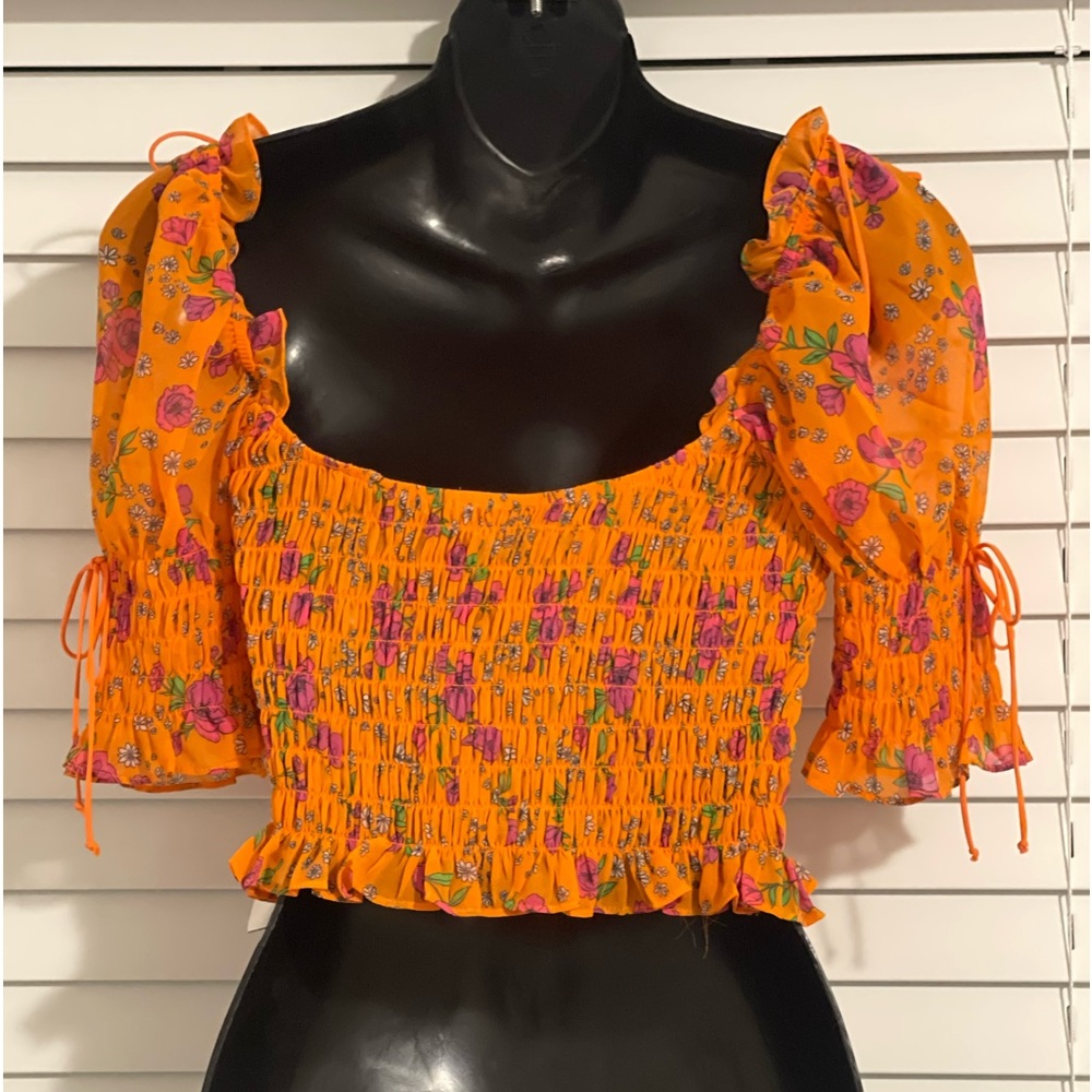 For Love And Lemons Orange Top Puff Sleeve Crop Blouse Size Medium